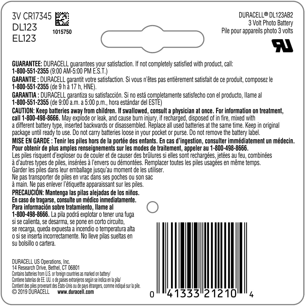 Duracell CR123A 3V Lithium Battery, 6 Count Pack, 123 3 Volt High Power Lithium Battery, Long-Lasting for Home Safety and Security Devices, High-Intensity Flashlights, and Home Automation