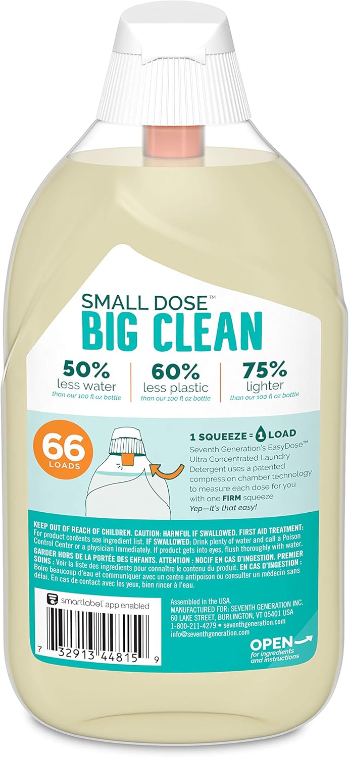 Seventh Generation EasyDose Laundry Detergent, Ultra Concentrated: 66 Loads, Free & Clear Designed for Sensitive Skin, 23.1 Fl Oz