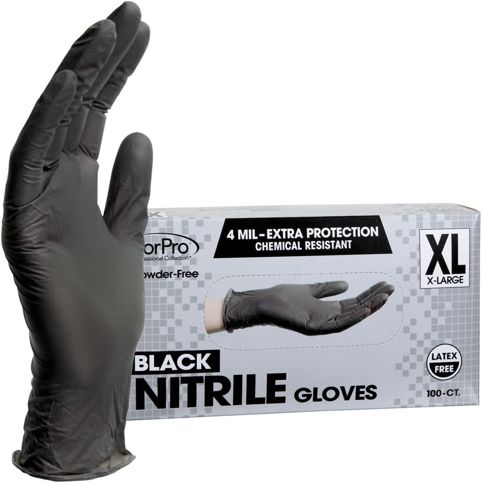 ForPro Professional Collection Disposable Nitrile Gloves, Chemical Resistant, Powder-Free, Latex-Free, Non-Sterile, Food Safe, 4 Mil, Black, Large, 100-Count