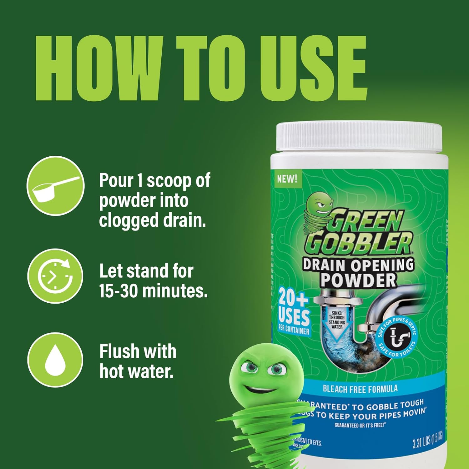 Green Gobbler Drain Clog Remover & Drain Cleaner Powder | 20+ Treatments | Drain Maintenance Breaks Down Grease, Paper, Fat & Oil | Septic Safe