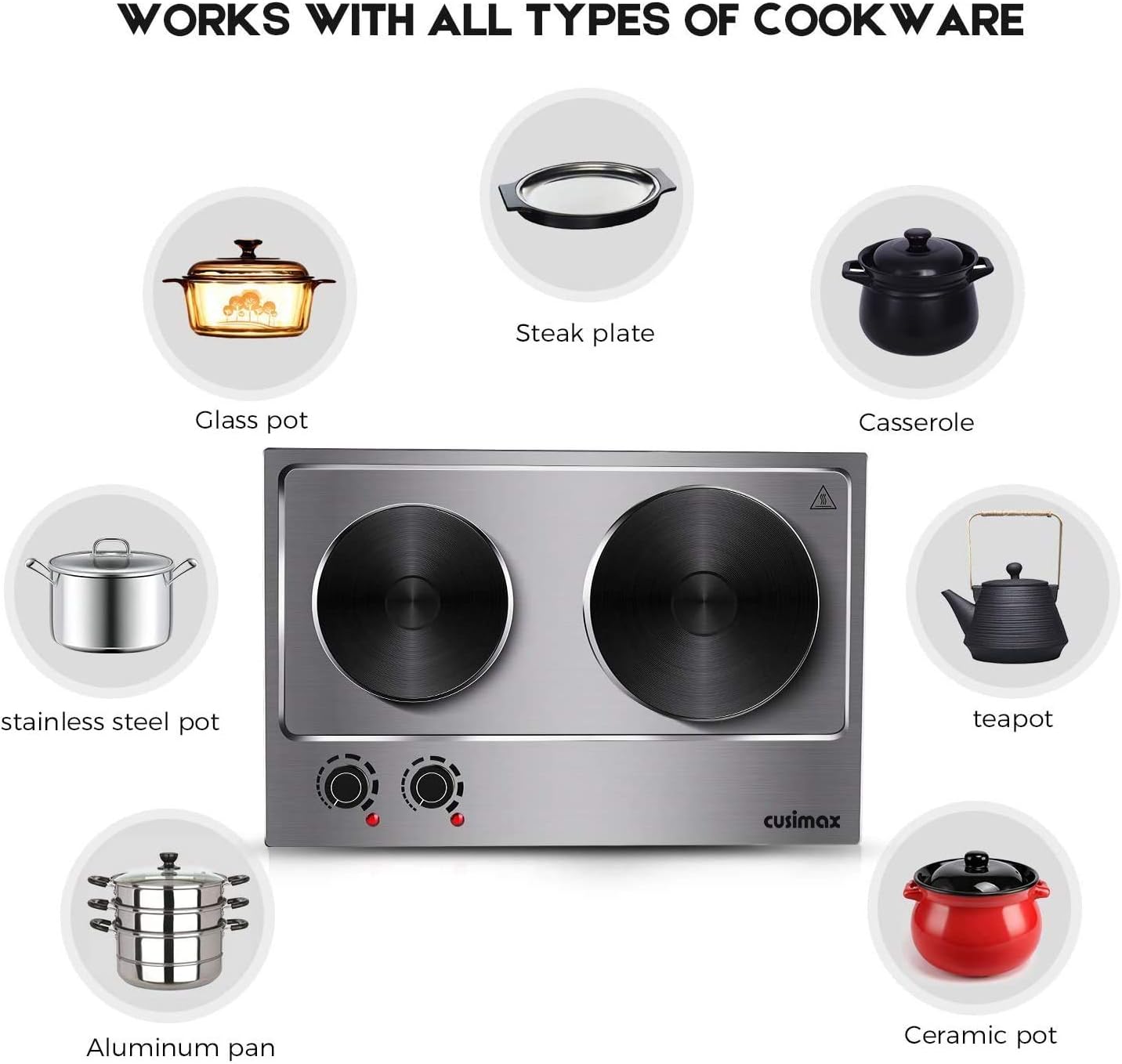 CUSIMAX 1800W Ceramic Electric Hot Plate for Cooking, Dual Control Infrared Cooktop, Double Burner, Portable Countertop Burner, Glass Plate Electric Cooktop, Silver, Stainless Steel-Upgraded Version
