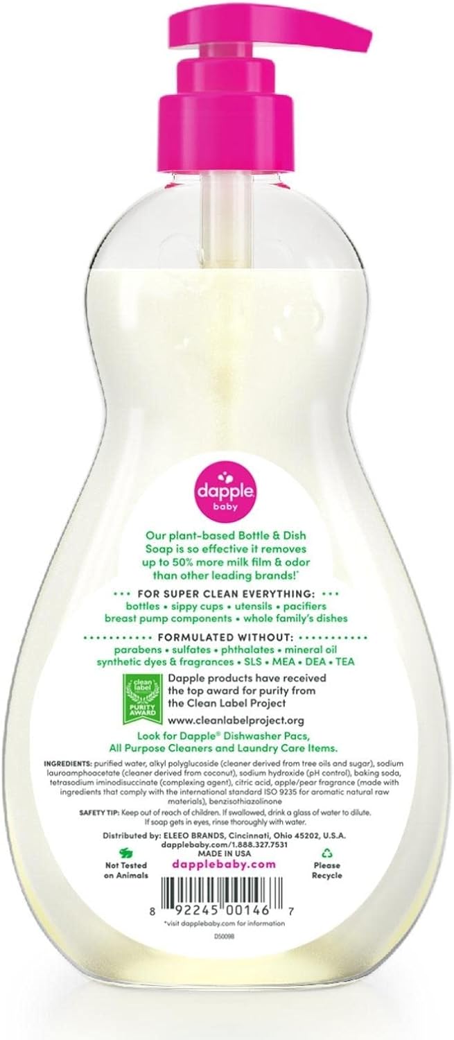 Dapple Baby Bottle Soap, Hypoallergenic Dish Soap for Baby Bottles, Powered by Plants, 1 Pump Included, Packaging May Vary, Fragrance Free, 16.9 Fl Oz (Pack of 3)