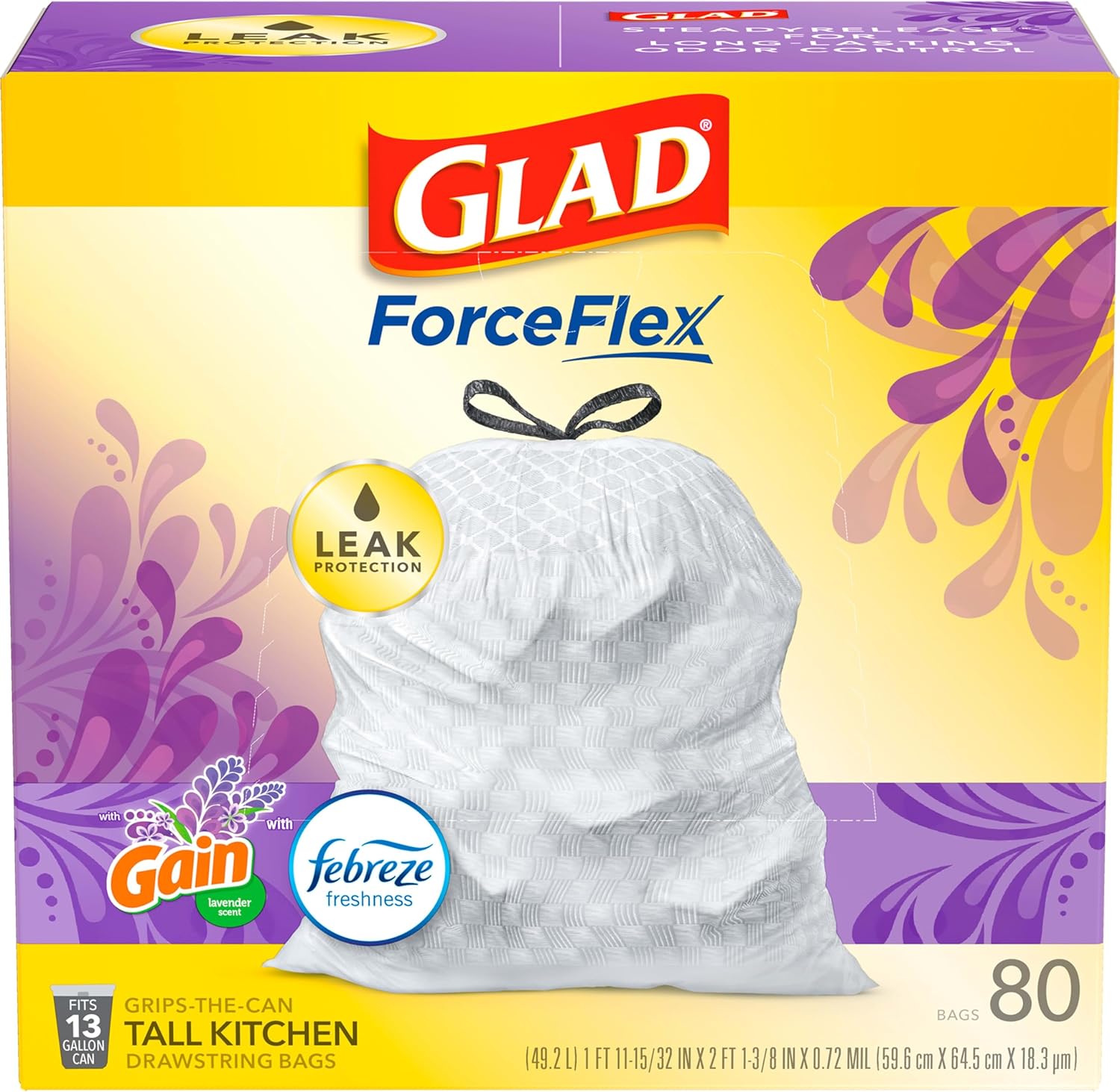 Glad ForceFlex Tall Kitchen Trash Bags, 13 Gal, Gain Original with Febreze, 110 Ct (Pack May Vary)