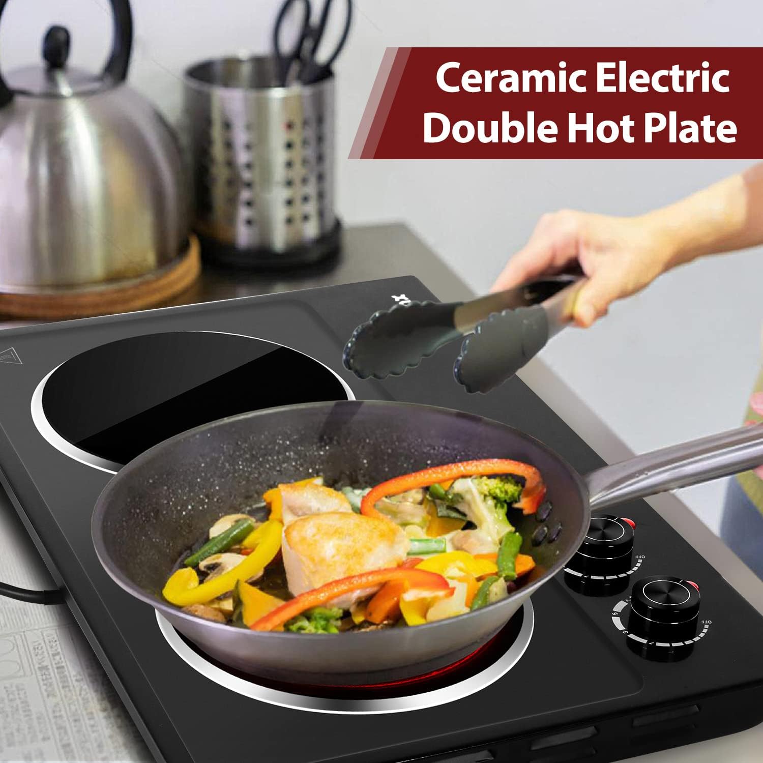 CUSIMAX 1800W Ceramic Electric Hot Plate for Cooking, Dual Control Infrared Cooktop, Double Burner, Portable Countertop Burner, Glass Plate Electric Cooktop, Silver, Stainless Steel-Upgraded Version