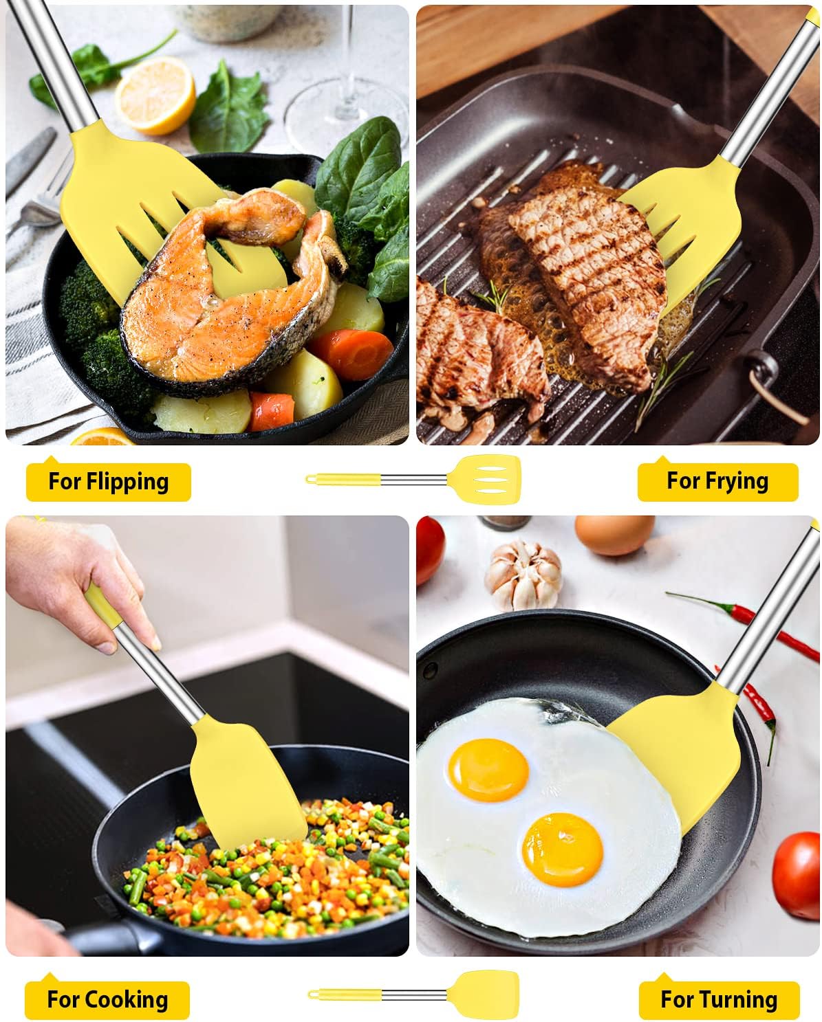 Pack of 2 Silicone Solid Turner,Non Stick Slotted Kitchen Spatulas,High Heat Resistant BPA Free Cooking Utensils,Ideal Cookware for Fish,Eggs,Pancakes (Black)