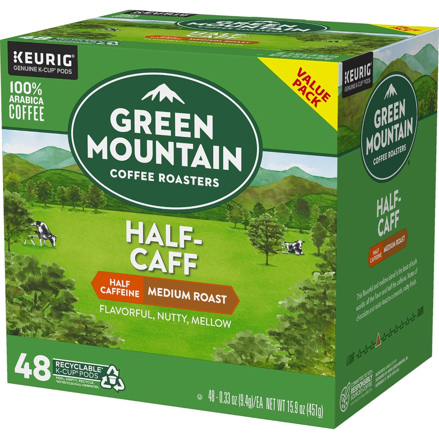 Green Mountain Coffee Roasters Half Caff Keurig Single-Serve K-Cup pods, Medium Roast Coffee, 72 Count (6 Packs of 12)