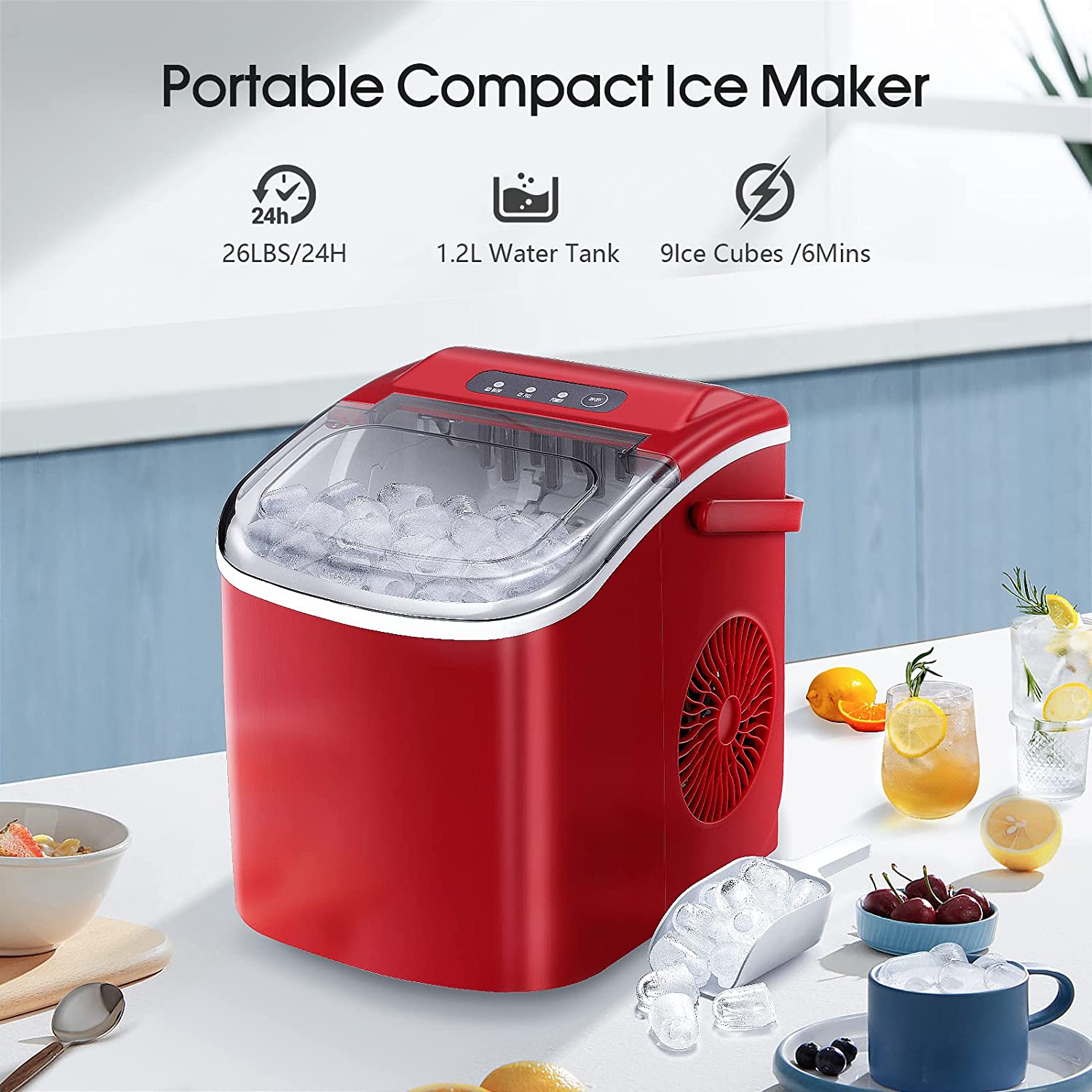 Silonn Ice Makers Countertop,Protable Ice Maker Machine with Handle,Self-Cleaning Ice Maker, 26Lbs/24H, 9 Ice Cubes Ready in 8 Mins, for Home/Office/Kitchen