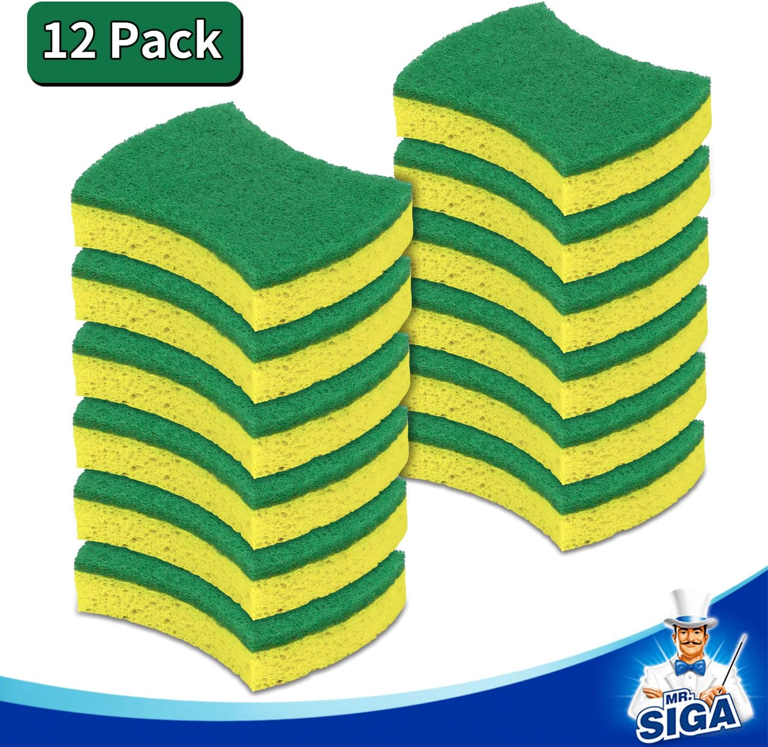MR.SIGA Non-Scratch Cellulose Scrub Sponge, Dual-Sided Dishwashing Sponge for Kitchen, 12 Pack