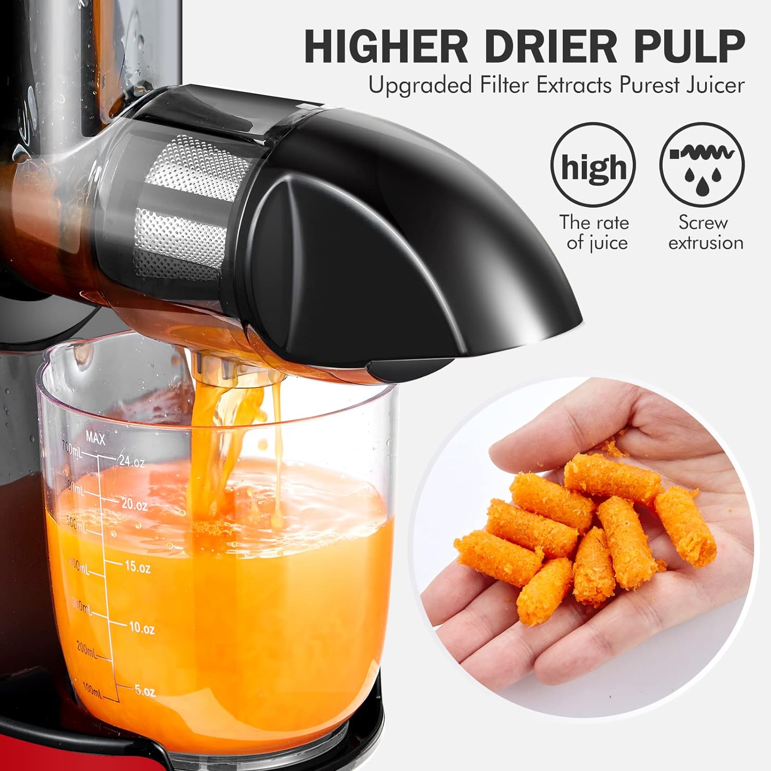 Masticating Juicer Machines, AMZCHEF Slow Cold Press Juicer with Reverse Function, High Juice Yield, Easy Clean with Brush,Recipes for High Nutrient Fruits and Vegetables, Gray(Updated)