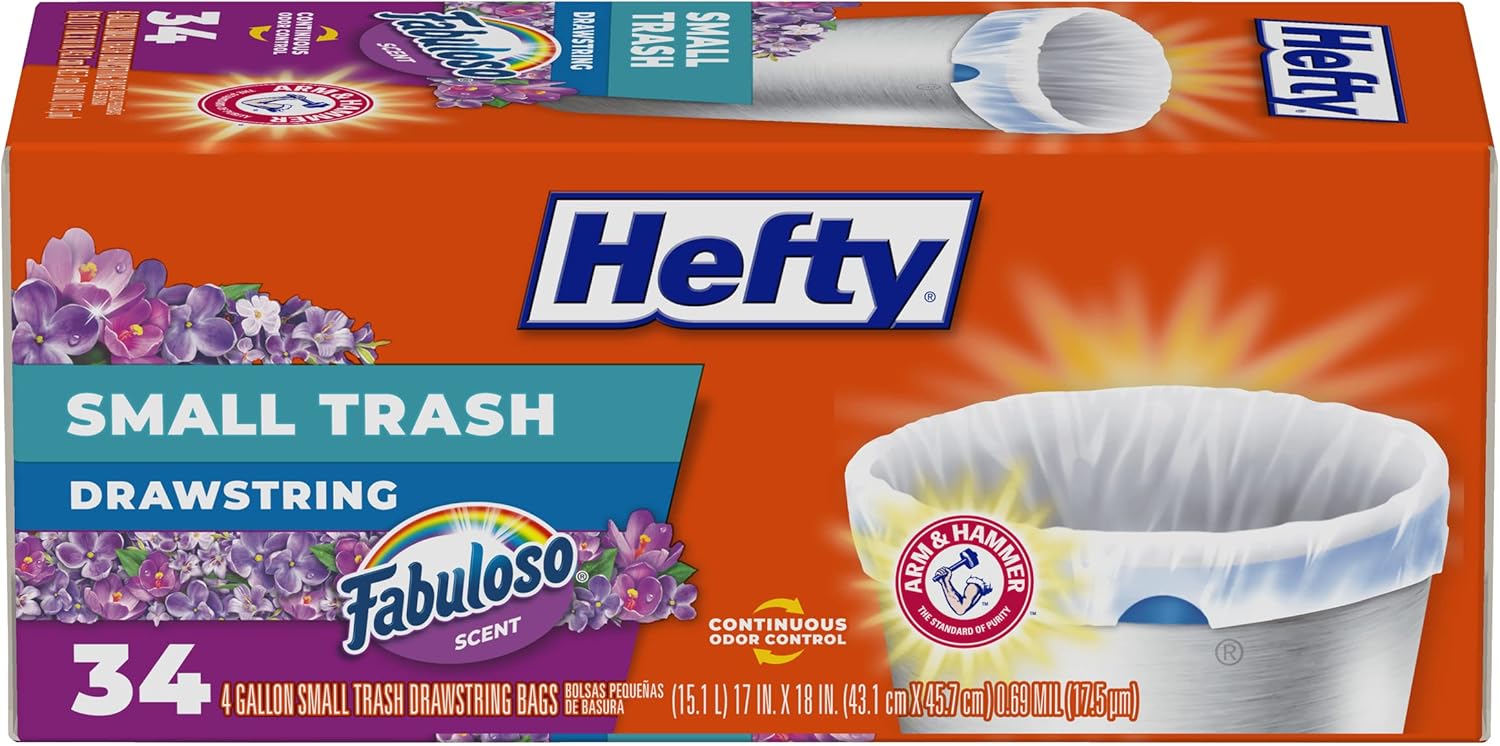 Hefty Small Garbage Bags, Flap Tie, Lavender & Sweet Vanilla Scent, 4 Gallon, 26 Count