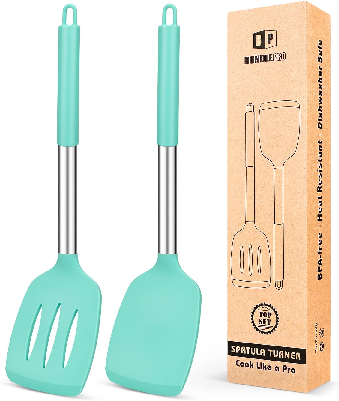 Pack of 2 Silicone Solid Turner,Non Stick Slotted Kitchen Spatulas,High Heat Resistant BPA Free Cooking Utensils,Ideal Cookware for Fish,Eggs,Pancakes (Black)