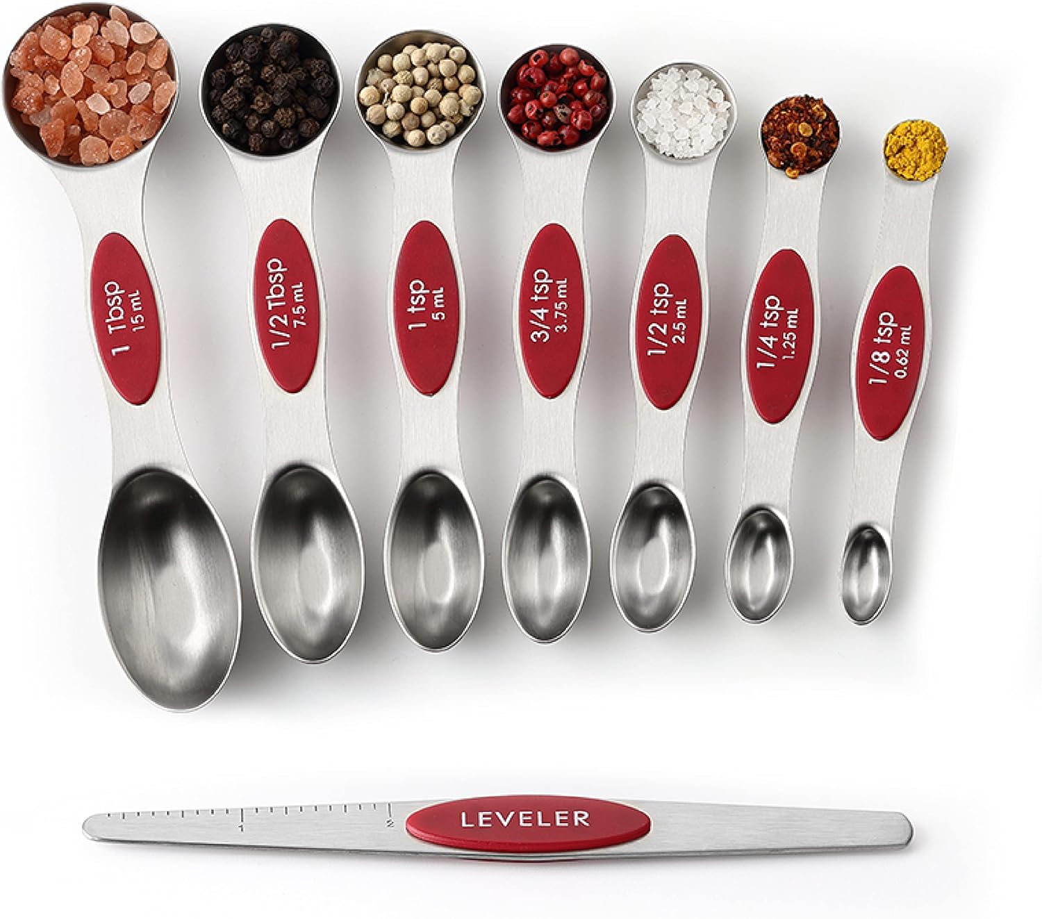 Spring Chef Magnetic Measuring Spoons Set with Strong N45 Magnets, Heavy Duty Stainless Steel Metal, Fits in Most Kitchen Spice Jars for Baking & Cooking, BPA Free, Black, Set of 8 with Leveler