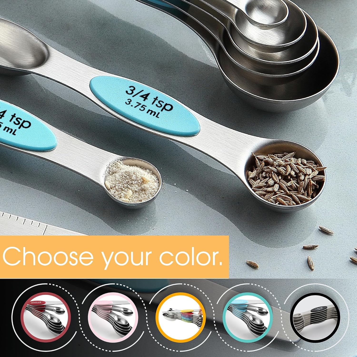 Spring Chef Magnetic Measuring Spoons Set with Strong N45 Magnets, Heavy Duty Stainless Steel Metal, Fits in Most Kitchen Spice Jars for Baking & Cooking, BPA Free, Black, Set of 8 with Leveler