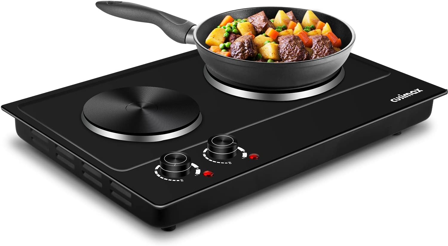 CUSIMAX 1800W Ceramic Electric Hot Plate for Cooking, Dual Control Infrared Cooktop, Double Burner, Portable Countertop Burner, Glass Plate Electric Cooktop, Silver, Stainless Steel-Upgraded Version