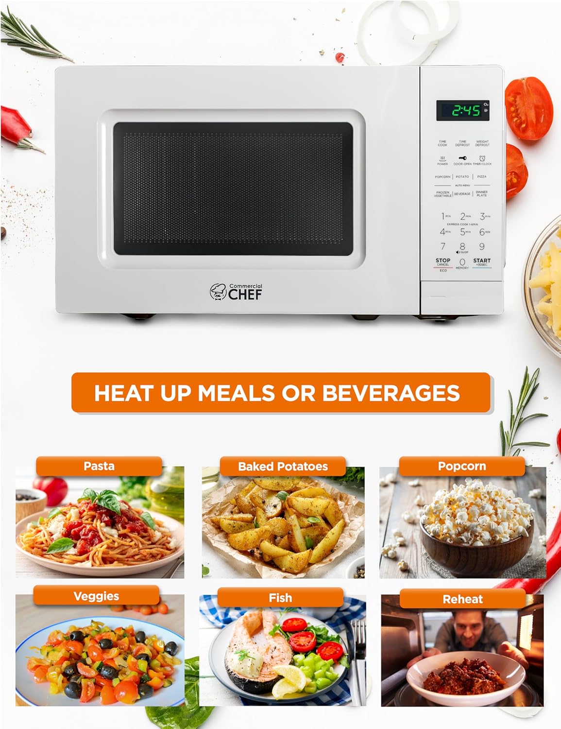 COMMERCIAL CHEF 0.6 Cubic Foot Microwave with 6 Power Levels, Small Microwave with Grip Handle, 700W Countertop Microwave with 30 Minute Timer and Mechanical Dial Controls, White