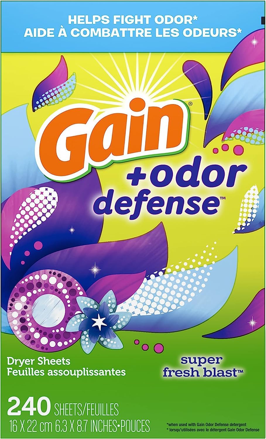 Gain + Odor Defense Dryer Sheets, Super Fresh Blast Scent Fabric Softener Sheets, 240 ct
