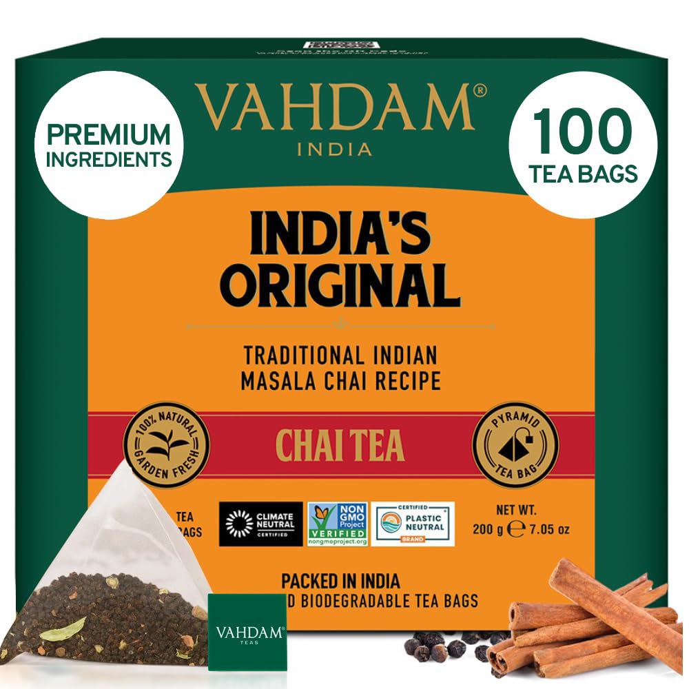 VAHDAM, Organic Turmeric Ginger Herbal Tea Bags (100 Pyramid Tea Bags) Caffeine Free, Non GMO, Gluten Free | 100% Pure Herbal Blend - Savory & Spicy | Plant-Based Tea Bags | Resealable Ziplock Pouch