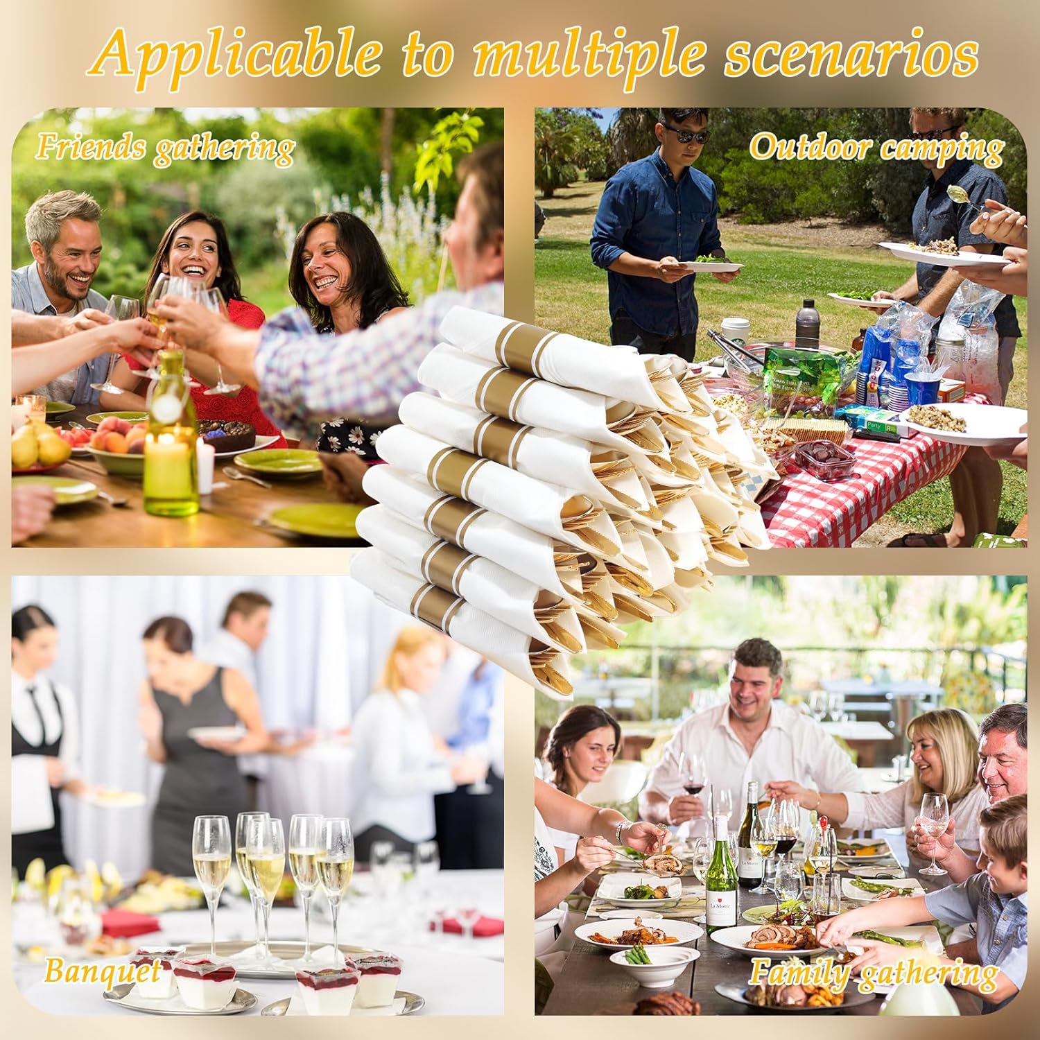 Supernal 60 Pack Pre Rolled Napkins with Gold Plastic Silverware, Premium Disposable Gold Wrapped Cutlery Set Includes: 60 Forks 60 Knives 60 Spoons 60 Napkin for Party