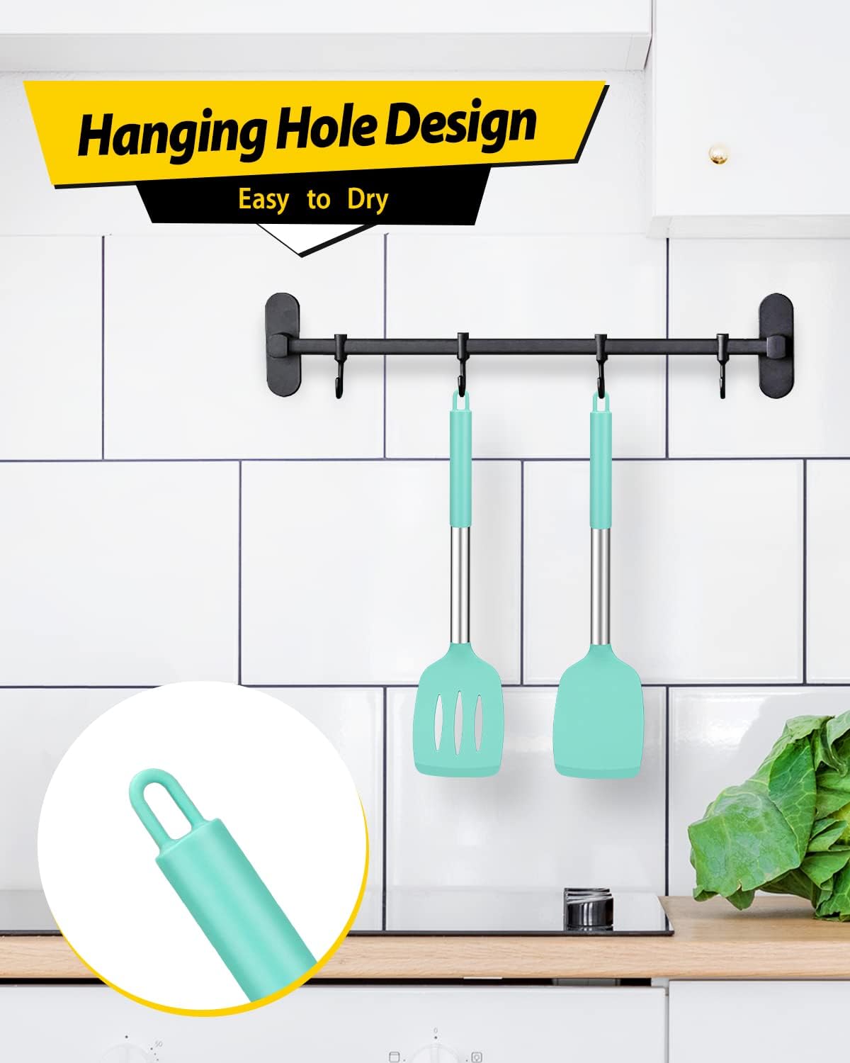 Pack of 2 Silicone Solid Turner,Non Stick Slotted Kitchen Spatulas,High Heat Resistant BPA Free Cooking Utensils,Ideal Cookware for Fish,Eggs,Pancakes (Black)