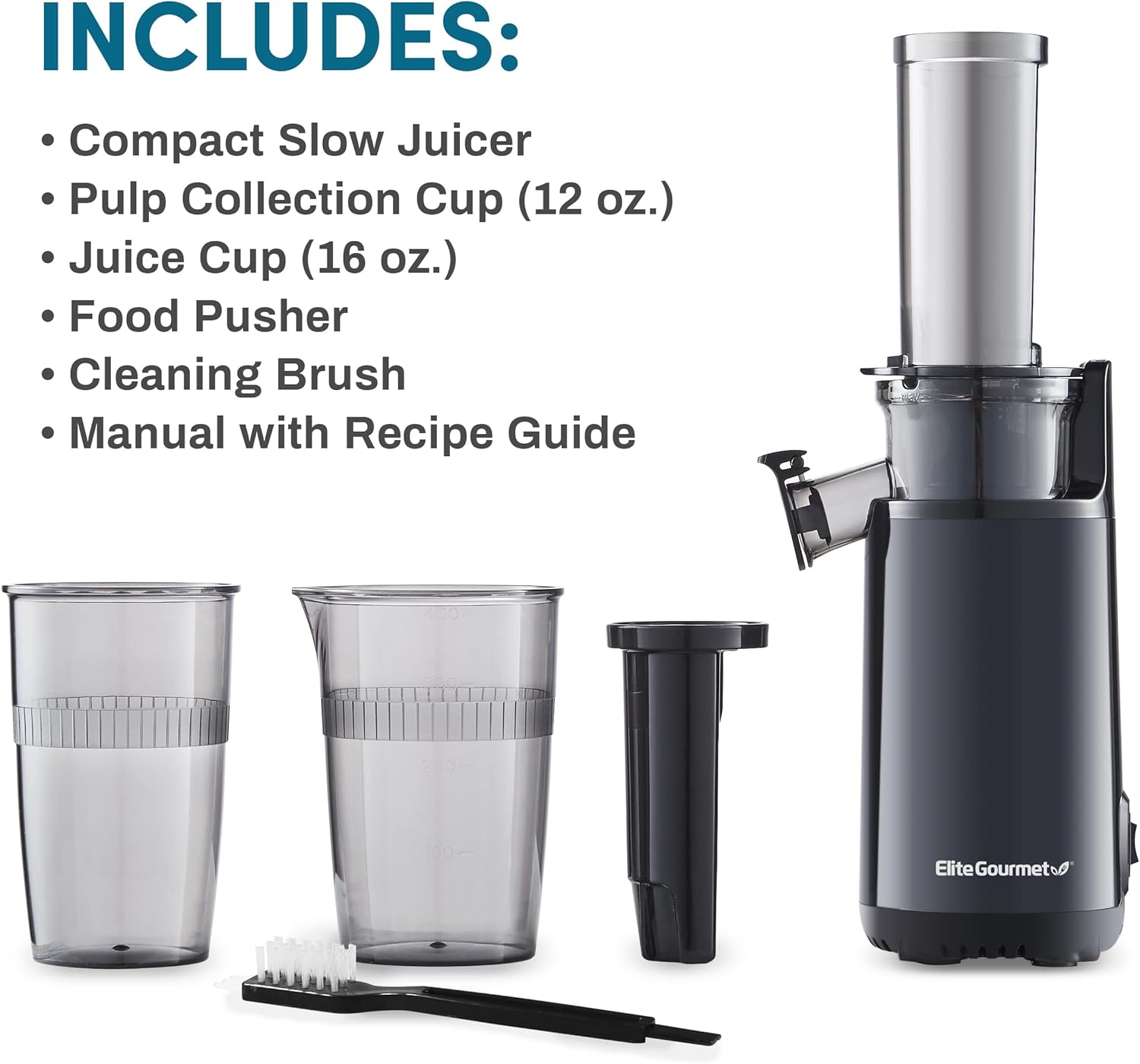 Elite Gourmet Masticating Juicer Machines, 12-inch Juicer, Masticating Cold Press Juicer Machines, Juicer for Vegetables and Fruits, Easy to Clean Juicer, Charcoal Grey
