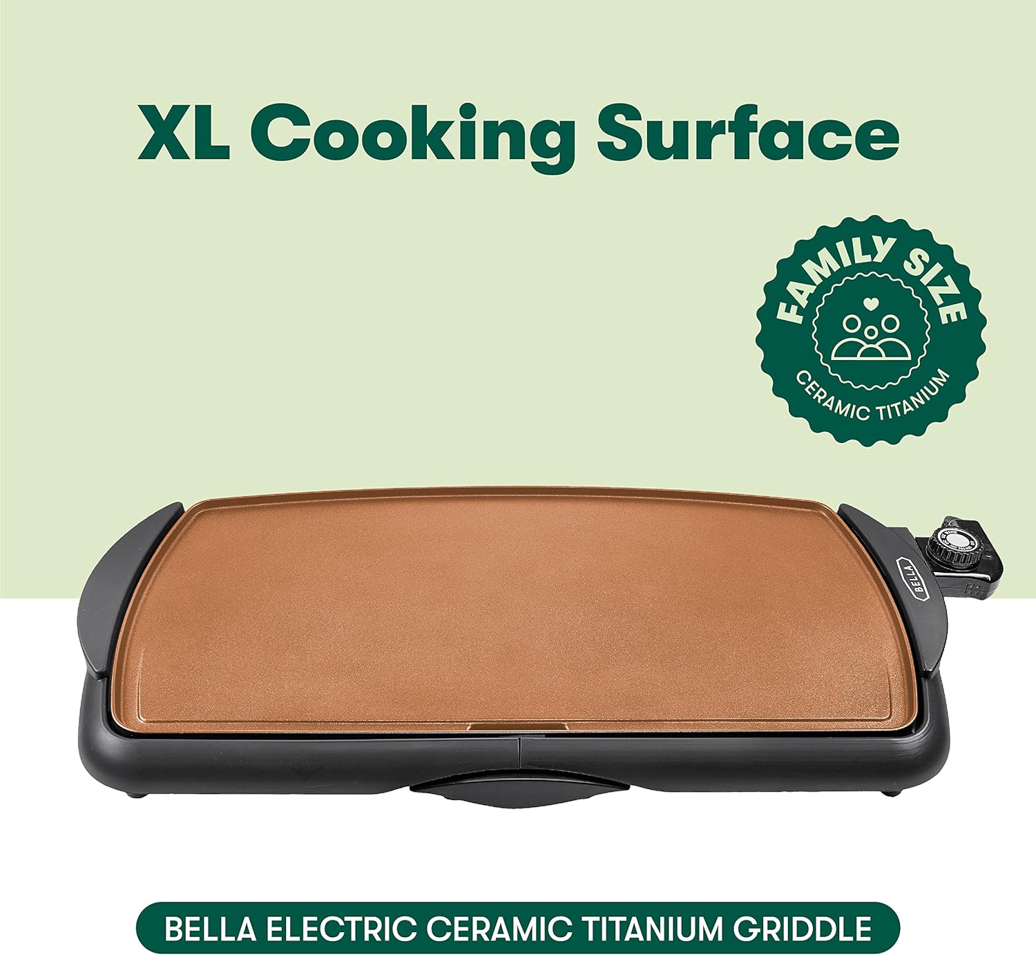 BELLA Electric Ceramic Titanium Griddle, Make 10 Eggs At Once, Healthy-Eco Non-stick Coating, Hassle-Free Clean Up, Large Submersible Cooking Surface, 10.5