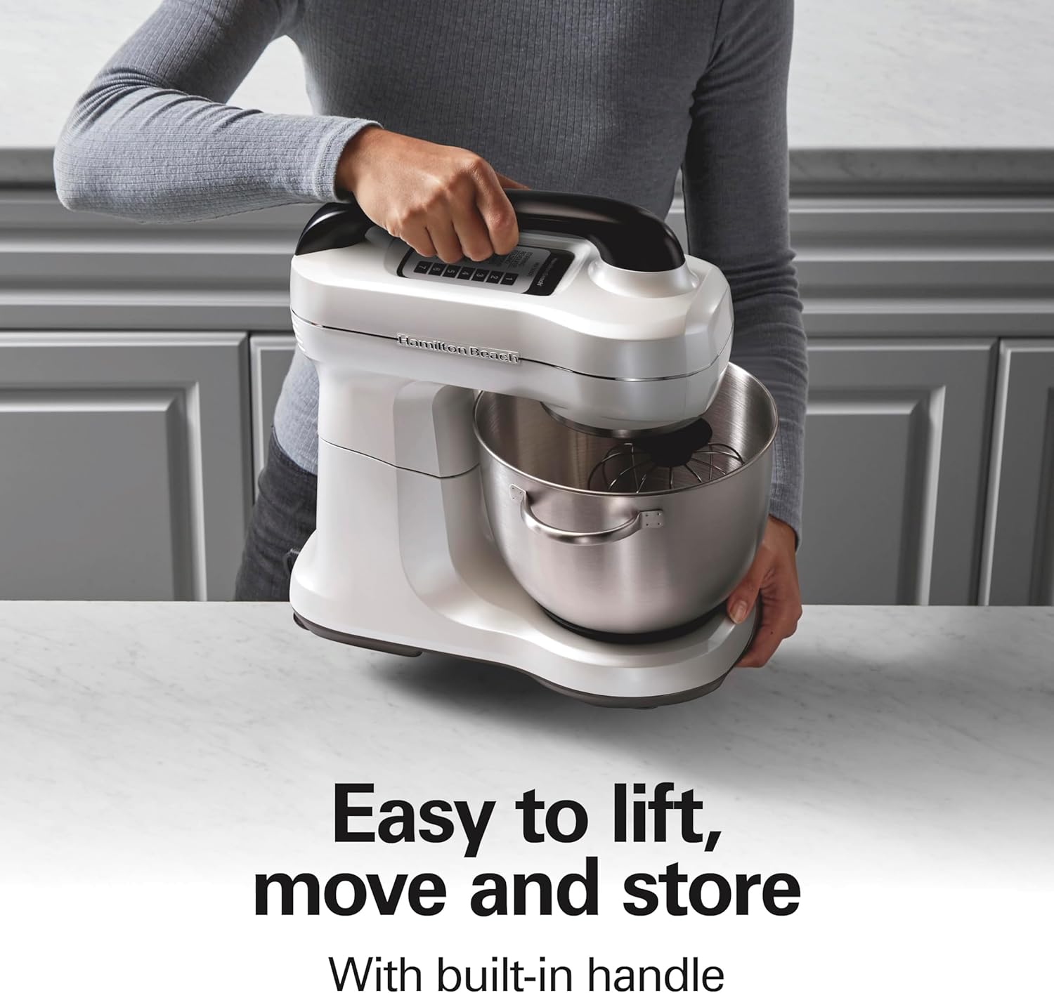 Hamilton Beach Electric Stand Mixer, 4 Quarts, Dough Hook, Flat Beater Attachments, Splash Guard 7 Speeds with Whisk, Black with Top Handle