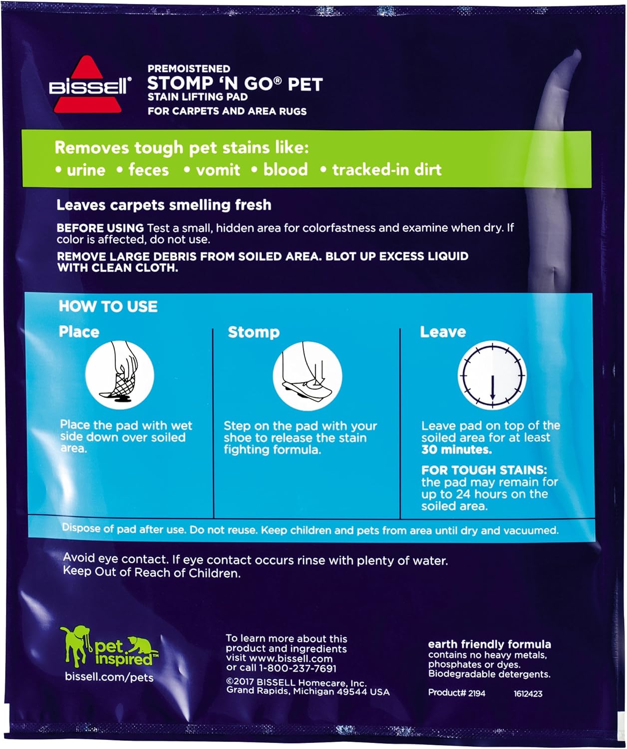 Bissell Stomp 'N Go Pet Lifting Pads + Oxy for Stain Removal on Carpet & Area Rug Cleaning, 2194, 20 Count(Pack of 1)