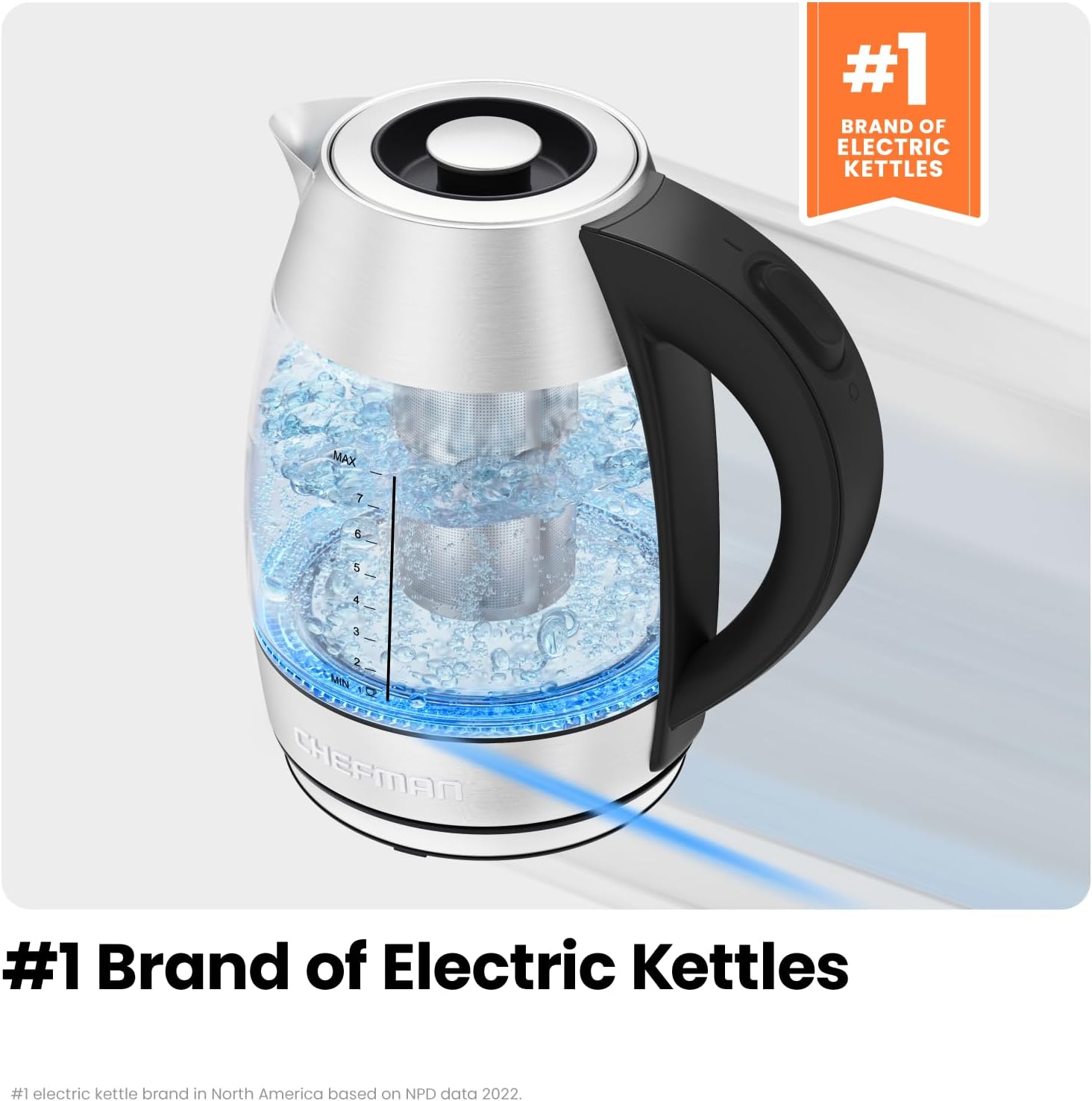 Chefman Electric Kettle with Temperature Control, 5 Presets LED Indicator Lights, Removable Tea Infuser, Glass Tea Kettle & Hot Water Boiler, 360° Swivel Base, BPA Free, Stainless Steel, 1.8 Liters