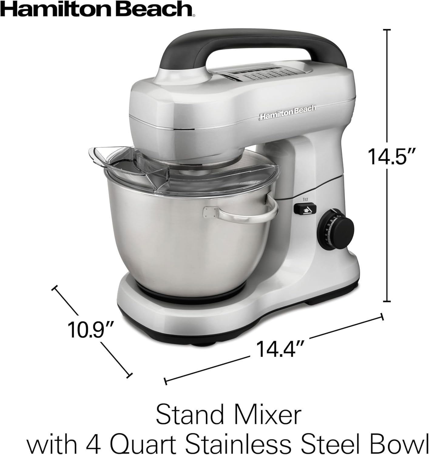 Hamilton Beach Electric Stand Mixer, 4 Quarts, Dough Hook, Flat Beater Attachments, Splash Guard 7 Speeds with Whisk, Black with Top Handle