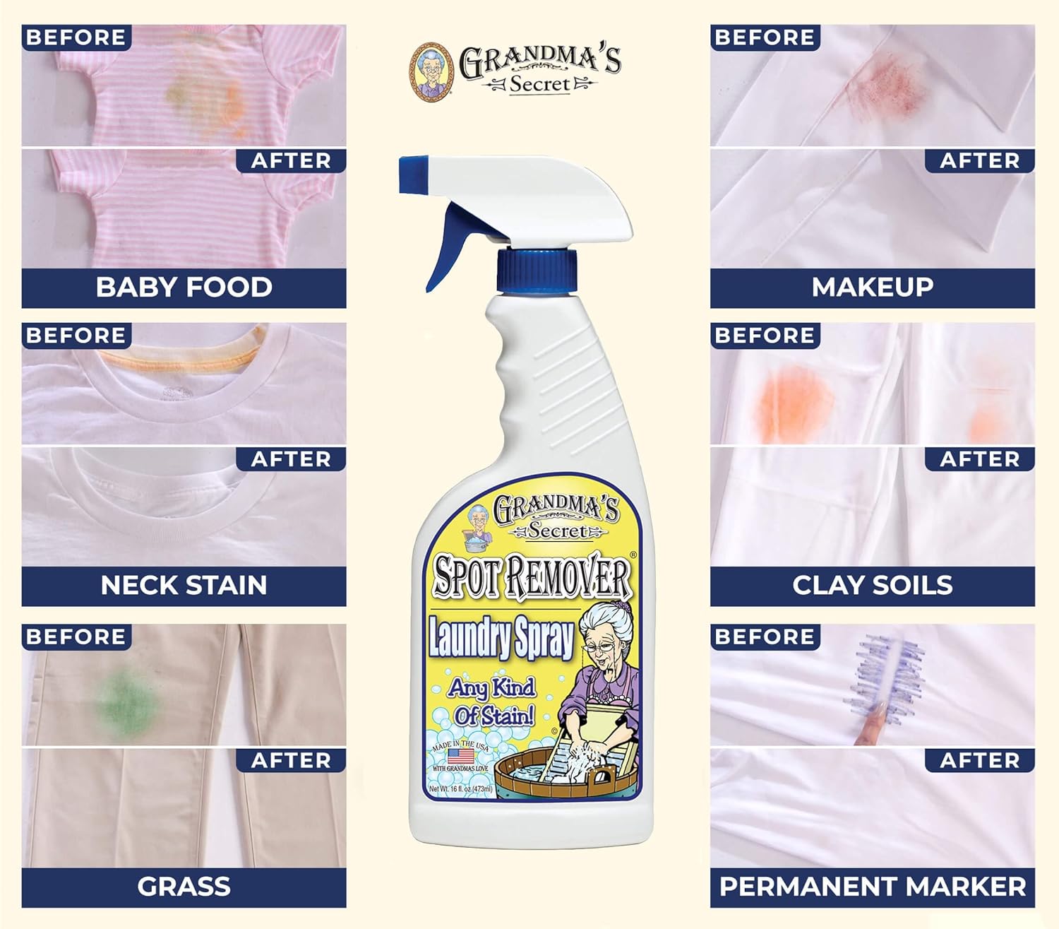 Grandma's Secret Spot Remover Laundry Spray - Chlorine, Bleach and Toxin-Free Fabric Stain Remover for Clothes - Removes Oil, Paint, Blood and Pet Stains - 16 Oz, 2 Pack