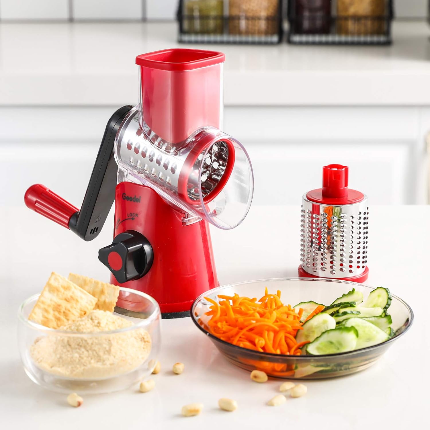 Geedel Rotary Cheese Grater, Kitchen Mandoline Vegetable Slicer with 3 Interchangeable Blades, Easy to Clean Grater for Fruit, Vegetables, Nuts