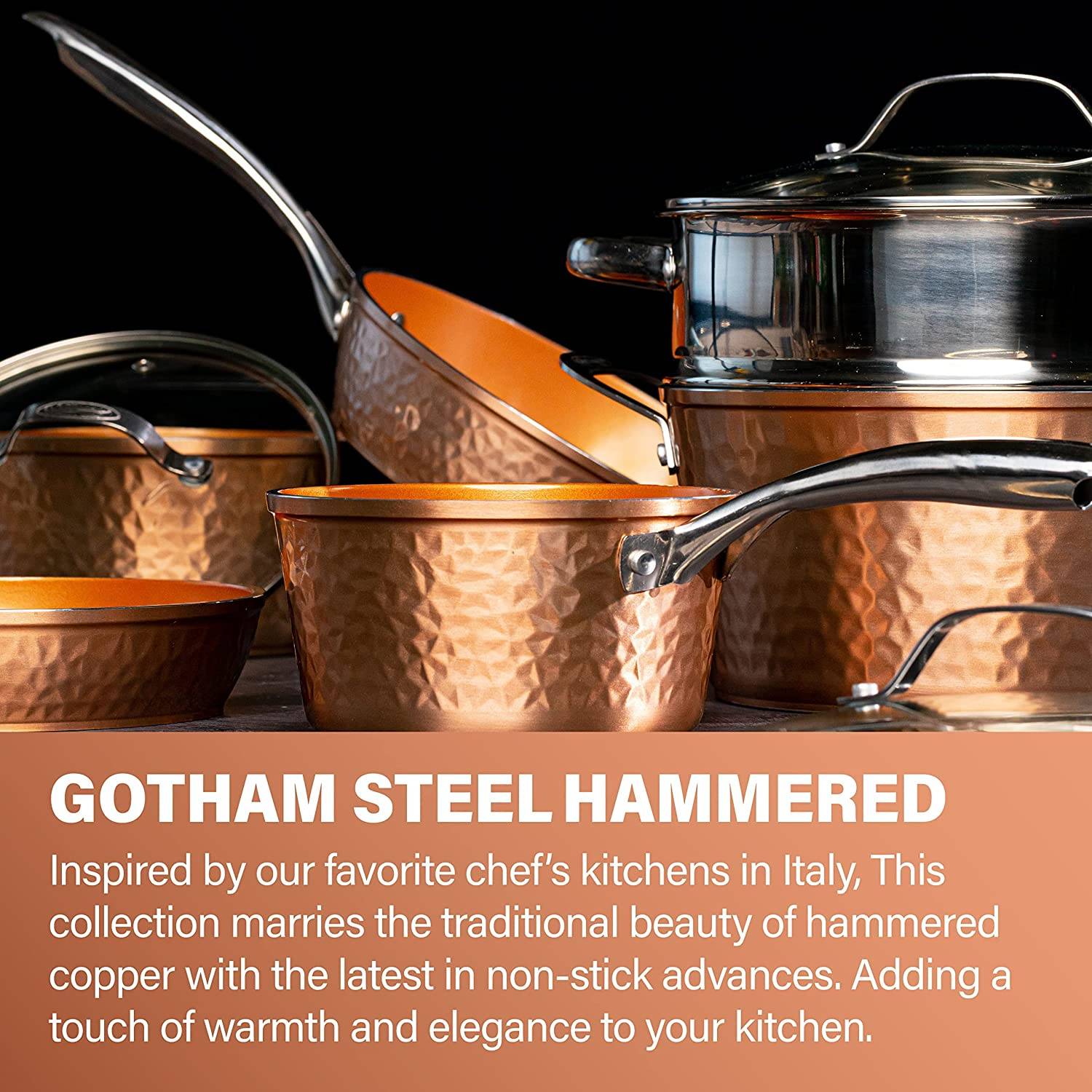 Steel Hammered Pots and Pans Set Nonstick, 15 Pc Elegant Kitchen Cookware Set & Bakeware Set, Ultra Durable Pots and Pans for Cooking with Nonstick Ceramic Coating, Dishwasher Safe, Toxin Free