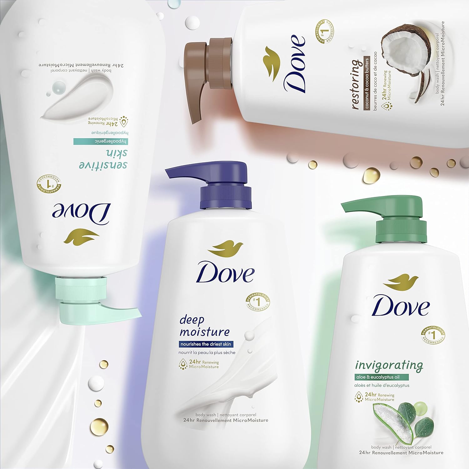 Dove Body Wash 3 Count with Pump Sensitive Skin Hypoallergenic, Paraben-Free, Sulfate-Free, Cruelty-Free, Moisturizing Skin Cleanser Effectively Washes Away Bacteria While Nourishing Skin 30.6 oz