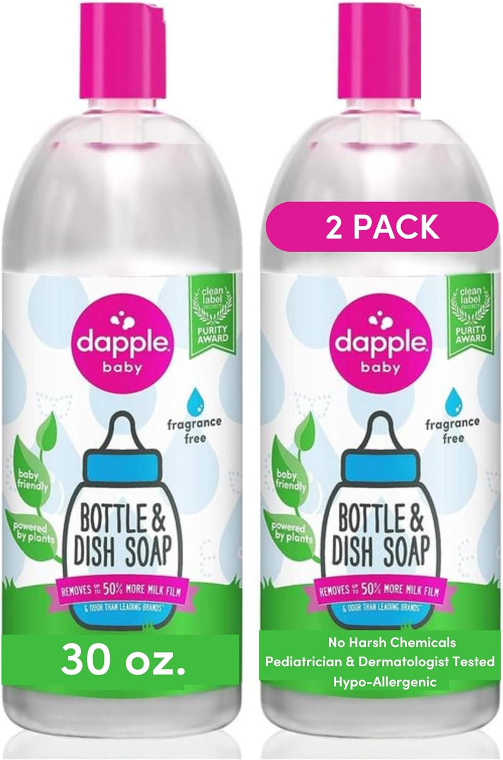 Dapple Baby Bottle Soap, Hypoallergenic Dish Soap for Baby Bottles, Powered by Plants, 1 Pump Included, Packaging May Vary, Fragrance Free, 16.9 Fl Oz (Pack of 3)