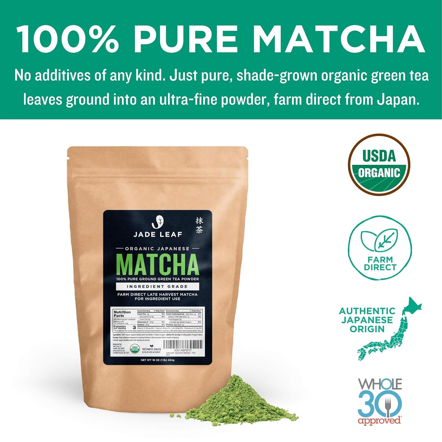 Jade Leaf Matcha Organic Green Tea Powder - Culinary Grade Premium Second Harvest - Authentic Japanese Origin (1.06 Ounce Pouch)