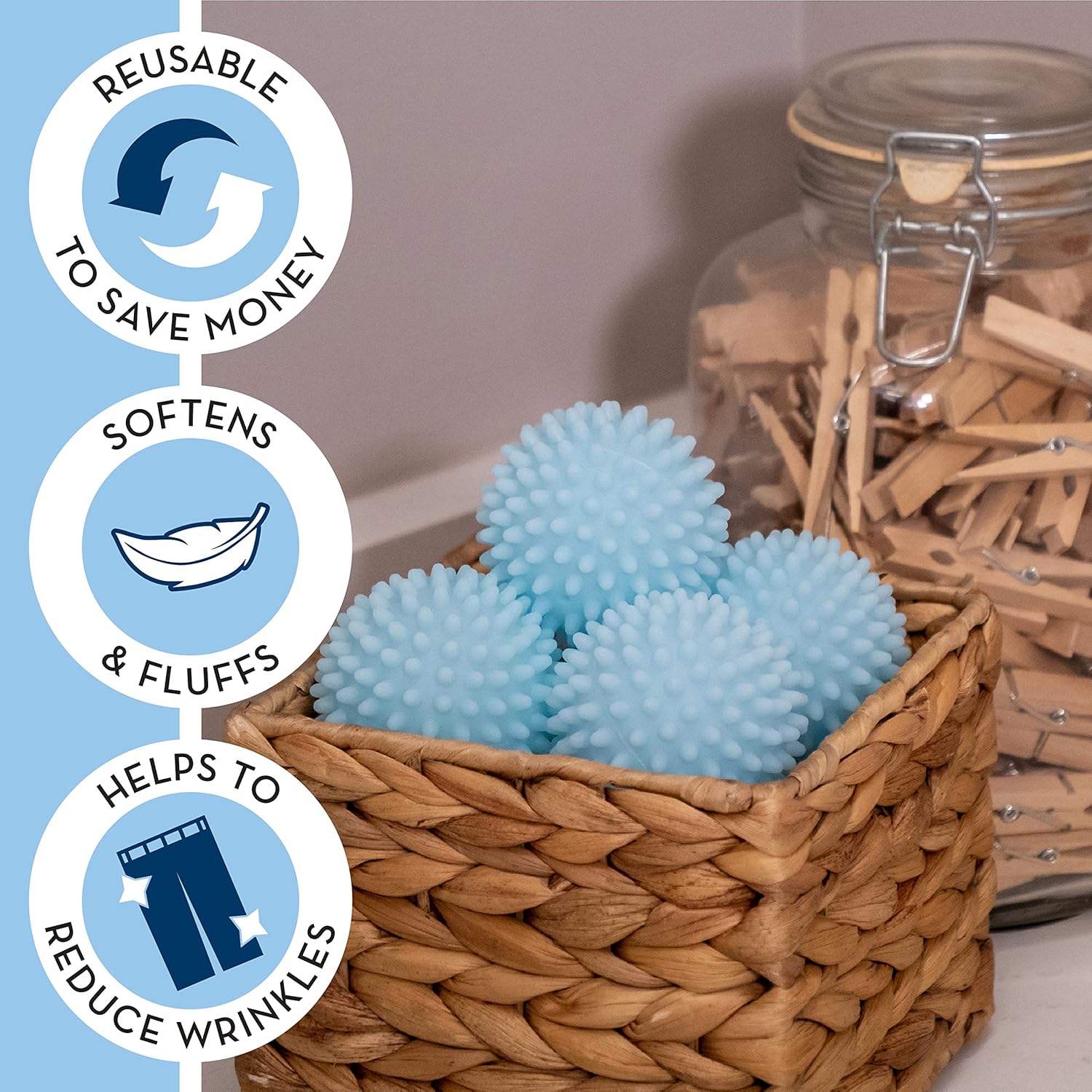 S&T INC. Reusable Dryer Balls, Fabric Softener for Laundry, Blue, 2.5 in, 6 Pack