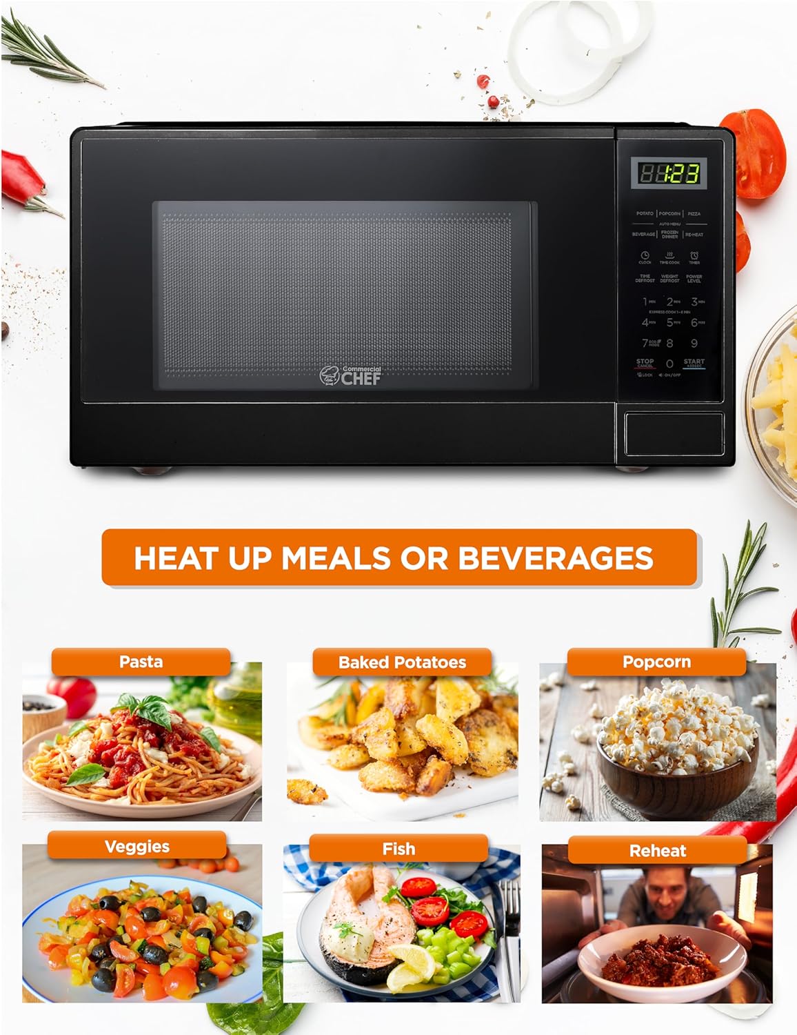 COMMERCIAL CHEF 0.6 Cubic Foot Microwave with 6 Power Levels, Small Microwave with Grip Handle, 700W Countertop Microwave with 30 Minute Timer and Mechanical Dial Controls, White