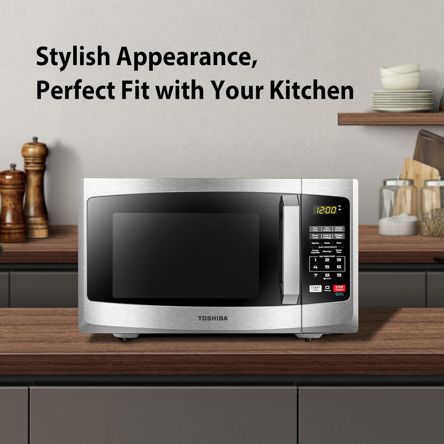 TOSHIBA EM925A5A-BS Countertop Microwave Oven, 0.9 Cu Ft With 10.6 Inch Removable Turntable, 900W, 6 Auto Menus, Mute Function & ECO Mode, Child Lock, LED Lighting, Black Stainless Steel