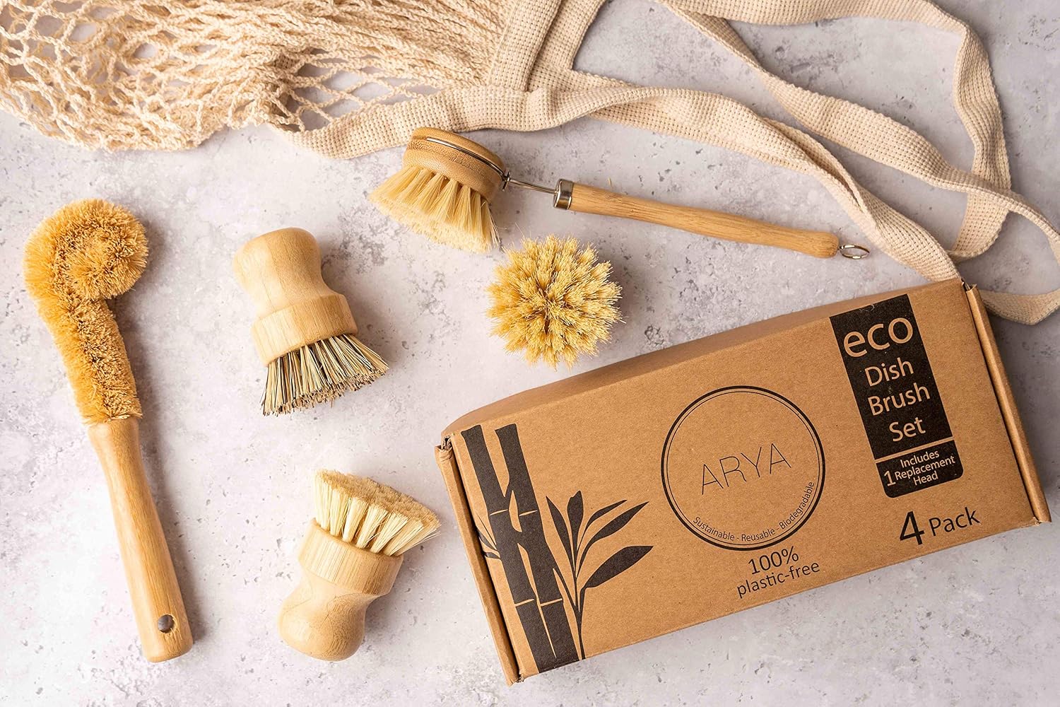 ARYA. Wooden Dish Brush Set | 4 Kitchen Washing Up Brushes & One Replacement Head | Bamboo & Natural Fibers | Eco Friendly Wooden Pot Brush Scourer Scrubber Sponge Alternative