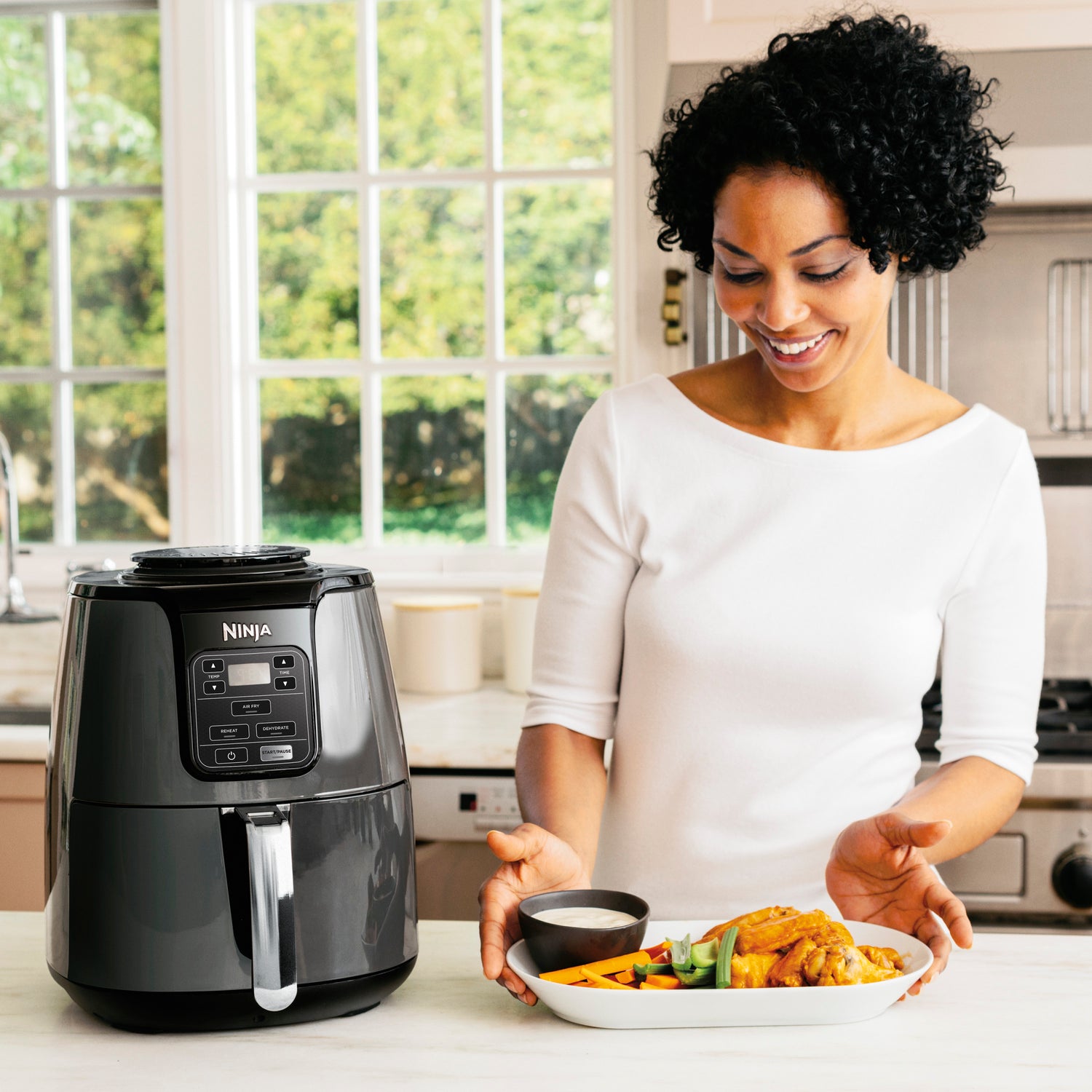 4 Quart Air Fryer with Reheat & Dehydrate, Black, Silver, AF100WM