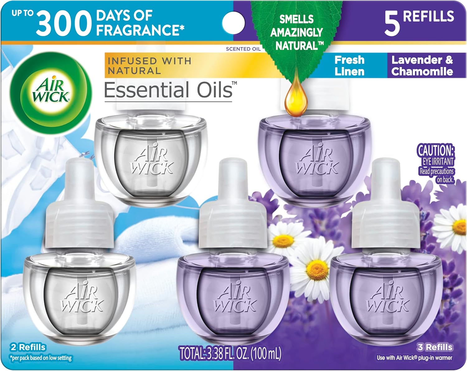 Air Wick Plug in Scented Oil Refill, 5ct, Fresh Linen, Essential Oils, Air Freshener