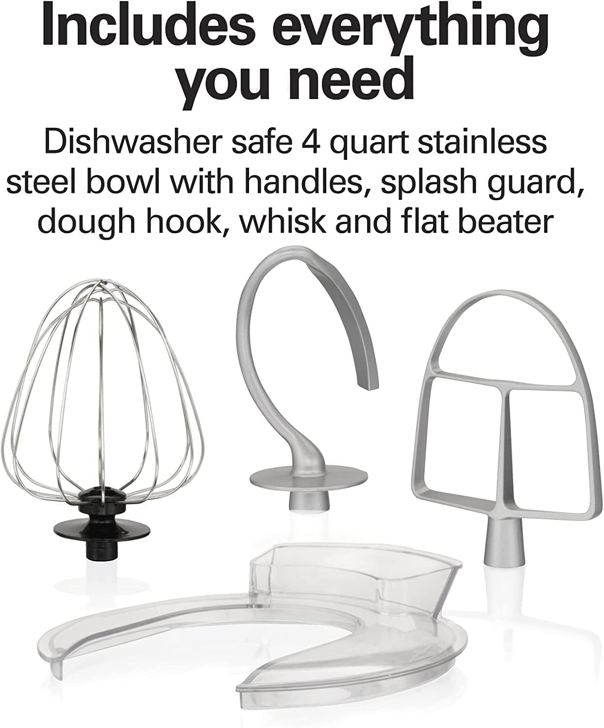 Hamilton Beach Electric Stand Mixer, 4 Quarts, Dough Hook, Flat Beater Attachments, Splash Guard 7 Speeds with Whisk, Black with Top Handle