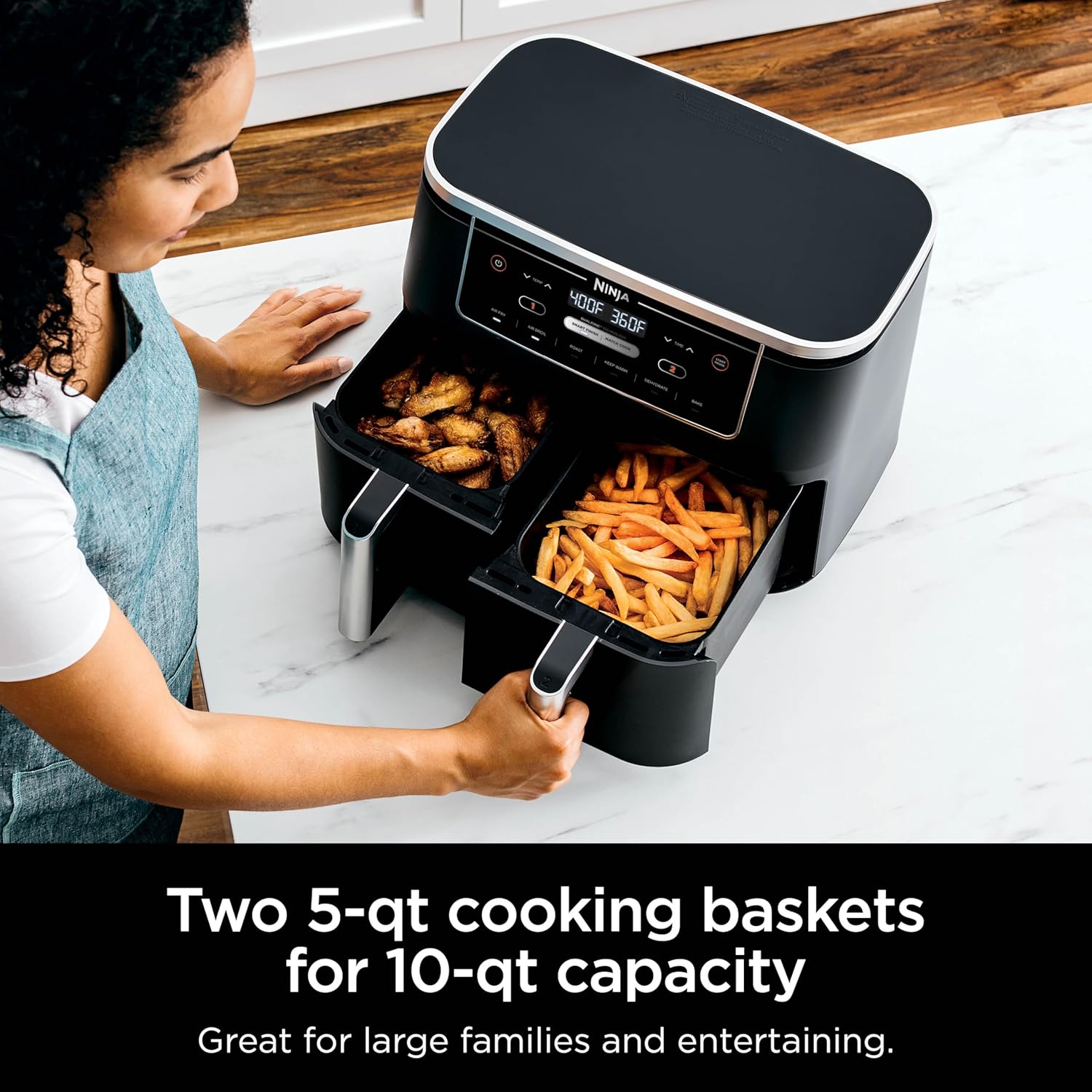 Ninja Air Fryer, Thermometer, Roast, Bake, Air Fry, Crisps, Broil, Reheats, Keep Warm, 10-in-1, Fries, Frozen Food, Veggies, and Meat, Quick Meals, Healthy Meals, Less Oil, 10 QT, Grey, DZ550