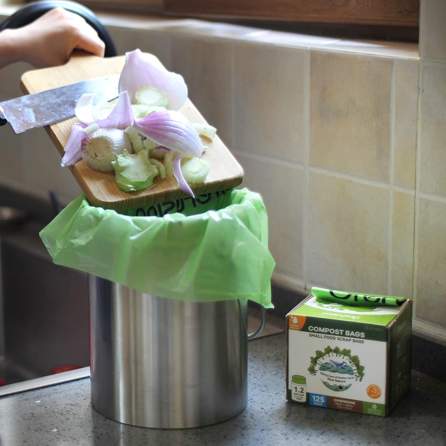 Compostable Bags for Kitchen Compost Bin, 1.2 Gallon, 125 Count, Certified by BPI and ASTM, Leakproof and Odor Control