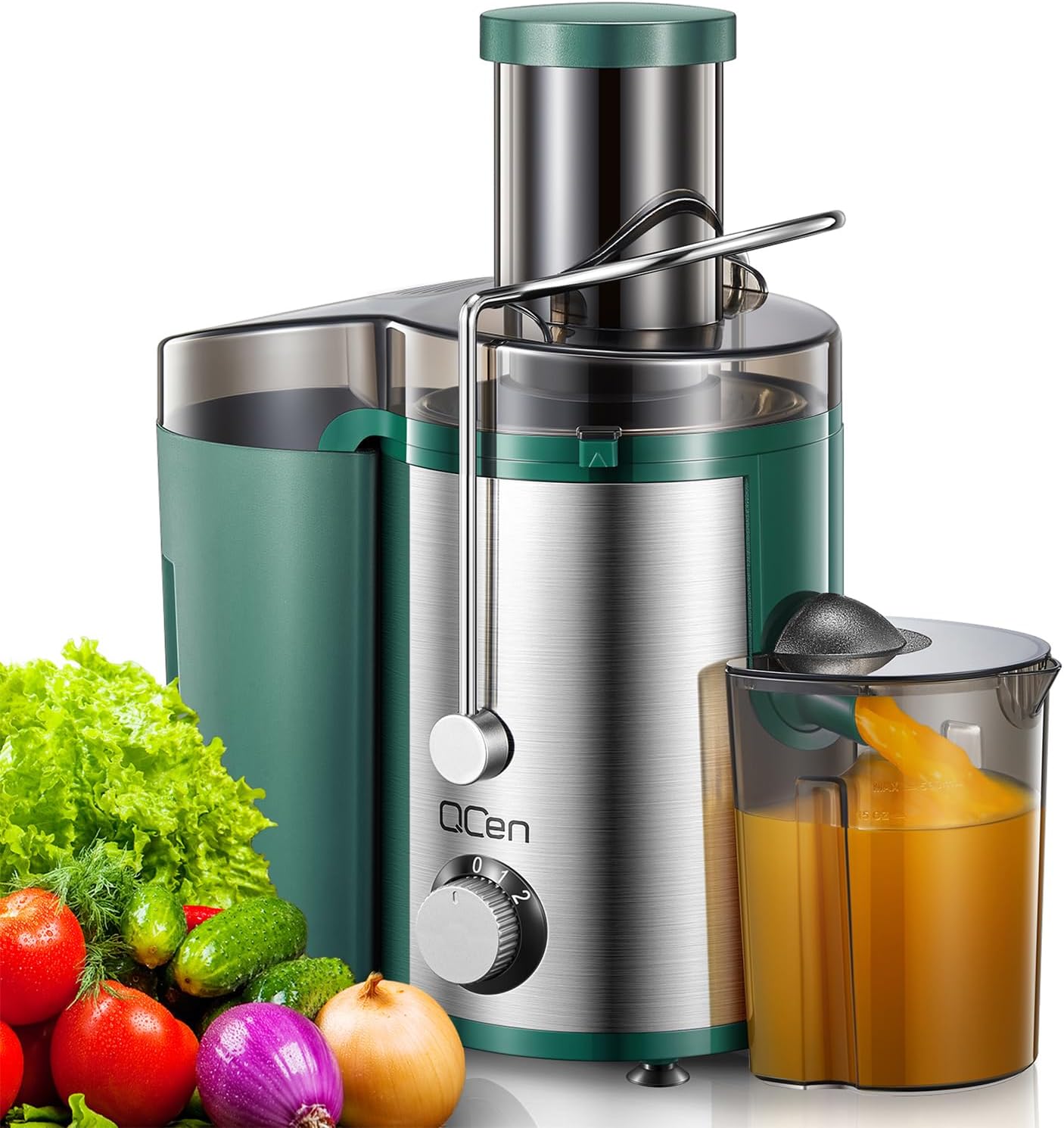 Qcen Juicer Machine, 800W Centrifugal Juicer Extractor with Wide Mouth 3” Feed Chute for Fruit Vegetable, Easy to Clean, Stainless Steel, BPA-free (Black)