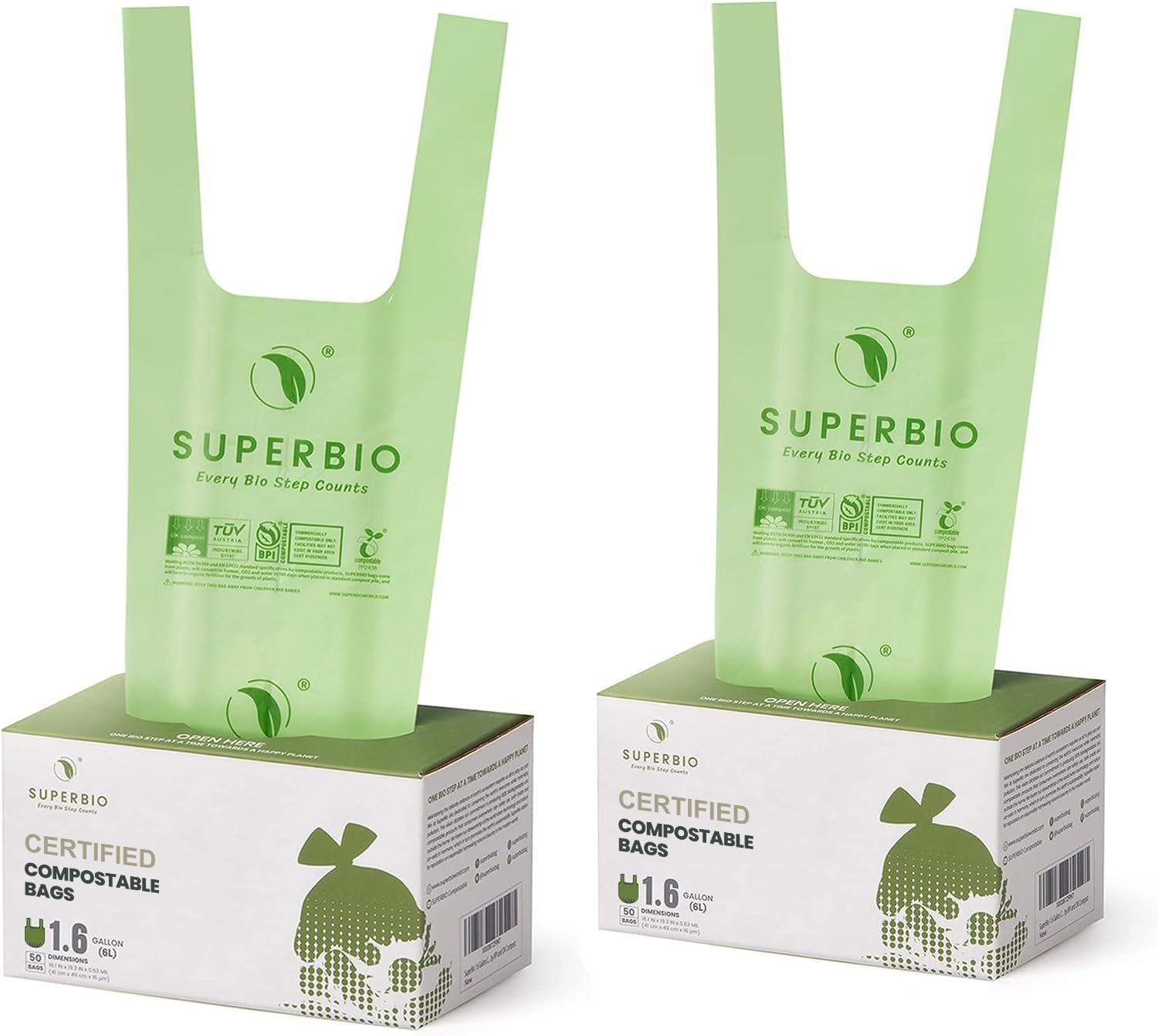 SUPERBIO 1.6 Gallon Handle Tie Compostable Food Scrap Bags For Counter Top Compost Bin, Small Compost Bags, 50 Count, 6 Liter, BPI & OK compost INDUSTRIAL Certified