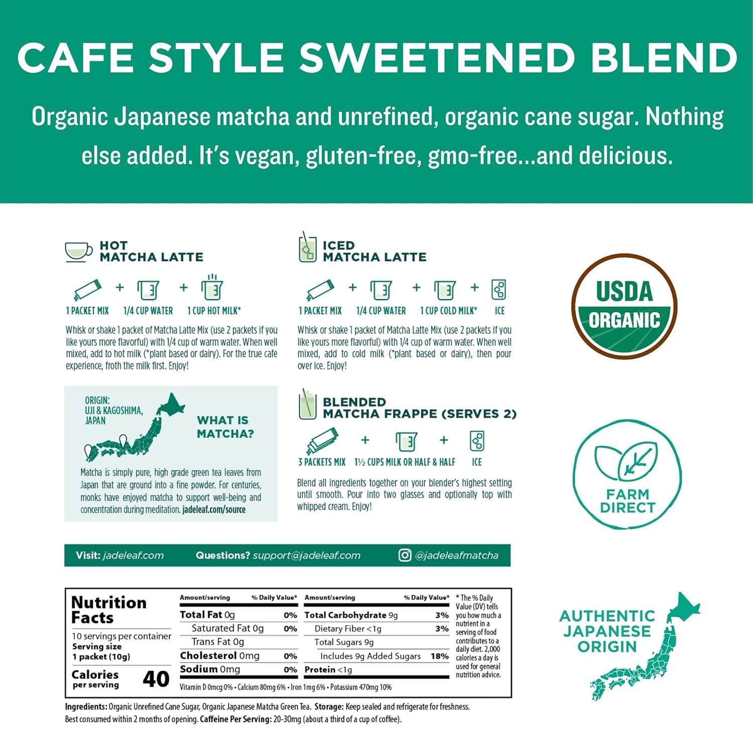 Jade Leaf Matcha Organic Café Style Sweetened Matcha Latte Premium Barista Crafted Mix - Original - Authentically Japanese (5.3 Ounce Pouch)