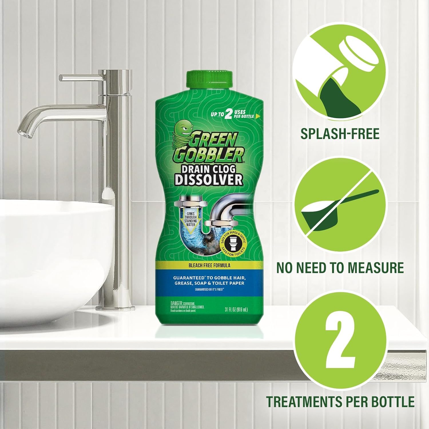 Green Gobbler Drain Clog Remover | Toilet Clog Remover | Dissolve Hair & Organic Materials from Clogged Toilets, Sinks and Drains | Drain Cleaner and Opener, 128 oz