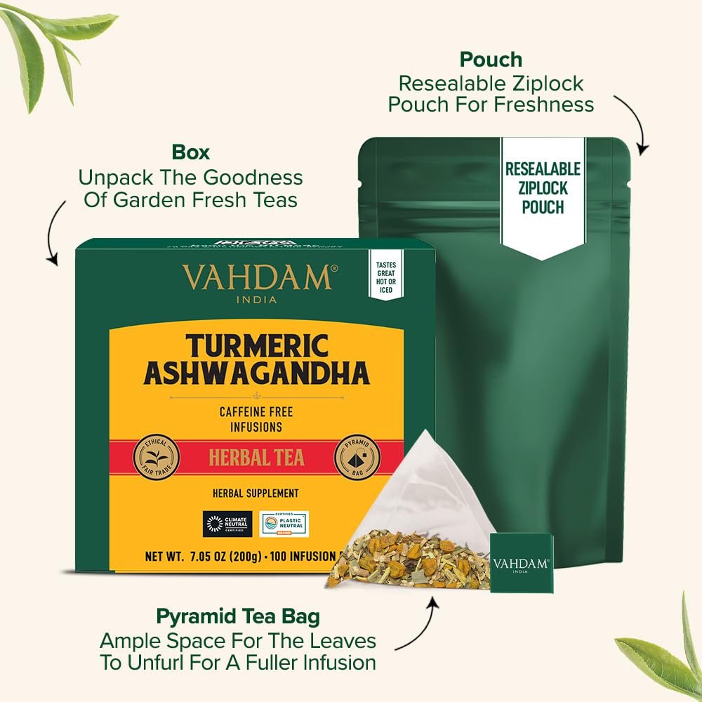 VAHDAM, Organic Turmeric Ginger Herbal Tea Bags (100 Pyramid Tea Bags) Caffeine Free, Non GMO, Gluten Free | 100% Pure Herbal Blend - Savory & Spicy | Plant-Based Tea Bags | Resealable Ziplock Pouch