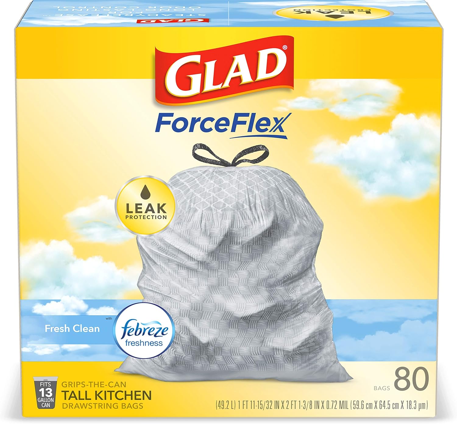 Glad Tall Kitchen Drawstring Trash Bags - Odorshield 13 Gallon White Trash Bag, Febreze Fresh Clean, 110 Count